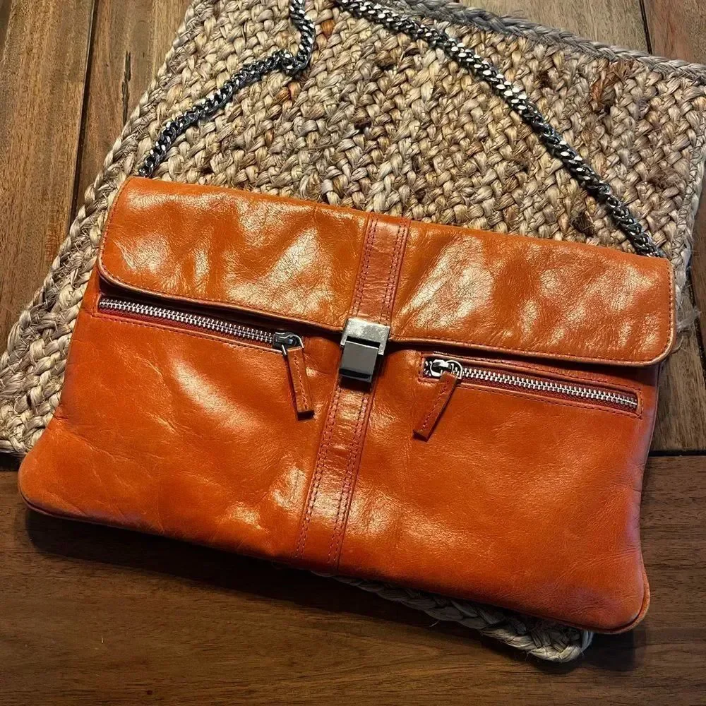 IRIS TYLER Elegant Tan Leather Shoulder Bag; measurements: 12x7 & 24 “ chain
